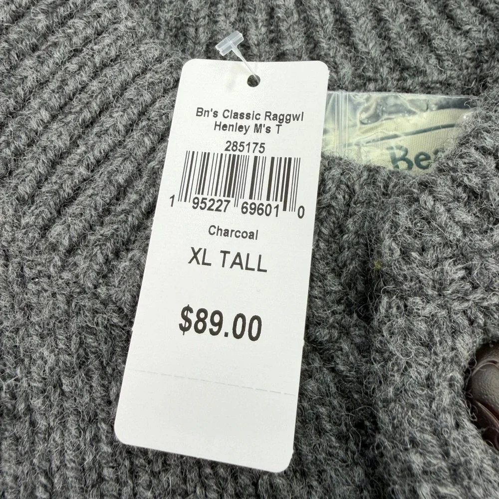 LL Bean Sweater Men XLT Tall Charcoal Classic Raggwool Henley 100% Lambswool NEW